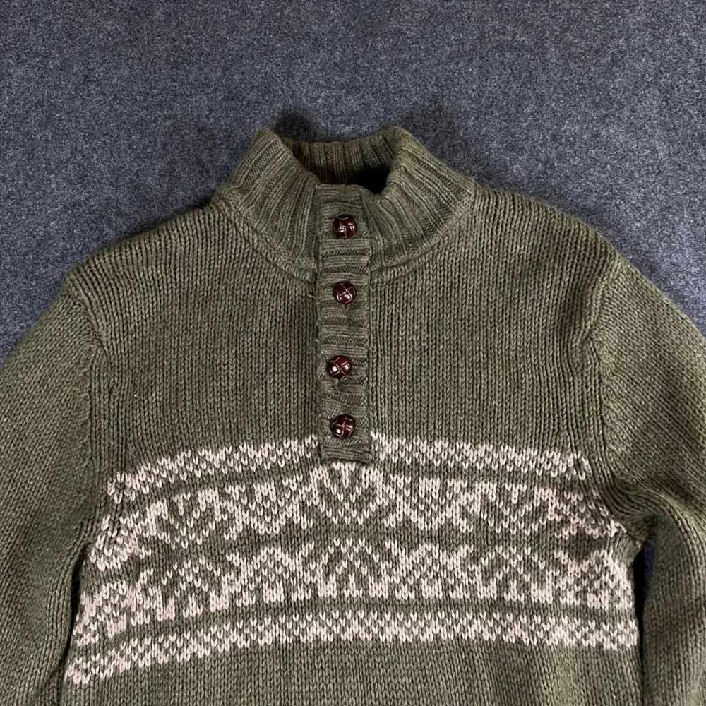 Fossil Mens Olive Green Fair Isle Mock Neck Button Sweater Large Cotton Angora